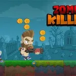 Mężczyzna z brodą i bronią biegnie w cmentarnej scenerii, goniąc zombie w hełmie, na tle zbierając monety