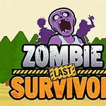 Fioletowy zombi z otwartymi ustami na tle drzew i napis ZOMBIE LAST SURVIVOR z wyróżnionym słowem LAST
