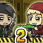 Dwóch kreskówkowych bohaterów stoi naprzeciwko siebie z bronią w rękach; postać po lewej trzyma karabin, a postać po prawej celuje zieloną laserową bronią