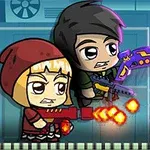 Dwóch animowanych bohaterów strzelających z kolorowych broni, a w rogu widoczna liczba cztery