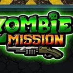 Logo gry z napisem Zombie Mission w zielono-pomarańczowych kolorach z grafiką strzelby