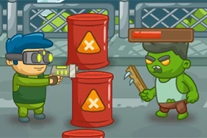 Postać w zielonym kombinezonie z niebieskimi włosami i goglami celuje w czerwone beczki z symbolem ostrzegawczym, a naprzeciwko stoi zielony stwór z deską z gwoździem