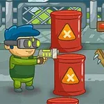 Postać w zielonym kombinezonie z niebieskimi włosami i goglami celuje w czerwone beczki z symbolem ostrzegawczym, a naprzeciwko stoi zielony stwór z deską z gwoździem