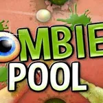 Kolorowy napis ZOMBIE POOL z okiem zamiast litery O, otoczony zielonymi plamami i palcem wskazującym