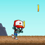 Postać kreskówkowego zombie w czerwonej czapce z gwiazdą, biegnąca po ziemi przy górzystym tle