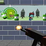 Widok z pierwszej osoby na broń strzelającą do zombie i puszek w kolorowej, kreskówkowej scenerii