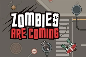 Napis ZOMBIES ARE COMING na tle ulicy z przejściem dla pieszych i zbliżającą się postacią zombie