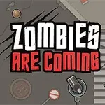 Napis ZOMBIES ARE COMING na tle ulicy z przejściem dla pieszych i zbliżającą się postacią zombie