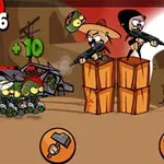 Postacie z kreskówki walczące z nadchodzącymi zombie na tle postapokaliptycznym, w otoczeniu zniszczonych samochodów i stosów skrzyń