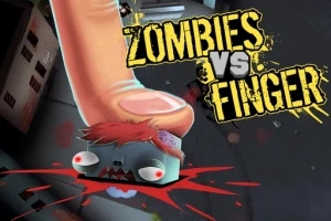 Gigantyczny palec miażdży głowę kreskówkowego zombie, z rozchlapaną krwią dookoła, obok tekstu ZOMBIES VS FINGER
