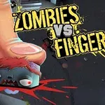 Gigantyczny palec miażdży głowę kreskówkowego zombie, z rozchlapaną krwią dookoła, obok tekstu ZOMBIES VS FINGER