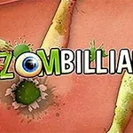Zielonkawałkowe obiekty przypominające zombie z centralną grafiką z napisem; tło w odcieniach cynamonowego brązu