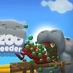 Hipopotam otwiera szeroko pysk, pochłaniając zielone kulki, z niebieskim niebem i pojedynczą białą chmurką w tle, wraz z dużym napisem w kształcie hipopotama i drewnianą konstrukcją na dole