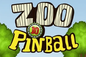 Napis Zoo Pinball z numerem 10 otoczonym zielenią i drzewami w tle
