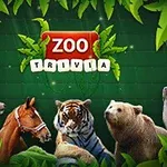 Zielone tło z liśćmi i zwierzętami: jeleniem, koniem, tygrysem, niedźwiedziem i foką oraz czerwony napis Zoo Trivia