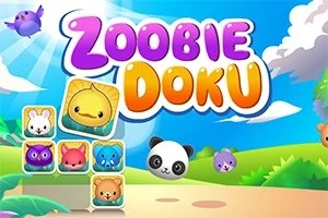 Kolorowa ilustracja z napisem Zoobie Doku na tle nieba i zielonych wzgórz oraz postaciami zwierząt w stylu kreskówkowym