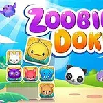 Kolorowa ilustracja z napisem Zoobie Doku na tle nieba i zielonych wzgórz oraz postaciami zwierząt w stylu kreskówkowym