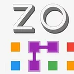 Napis ZOP z cieniowaniem, pod którym znajdują się kolorowe kwadraty połączone fioletowymi liniami