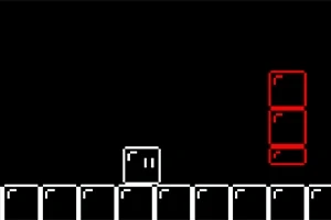 Czarny ekran z białymi i czerwonymi pikselowymi blokami na dole