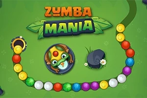 Żaba celująca kolorową kulką w ciągu kolorowych kulek na zielonym tle z napisem Zumba Mania