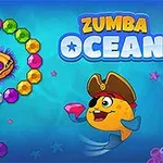 Podwodna scena z kolorowymi klejnotami w spirali, armatką i rybką w czapce pirata trzymającą klejnot, na tle tytułu Zumba Ocean