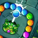 Żaba strzelająca kolorowymi kulkami w inne kulki w wężowym układzie na tle kamiennej ścieżki